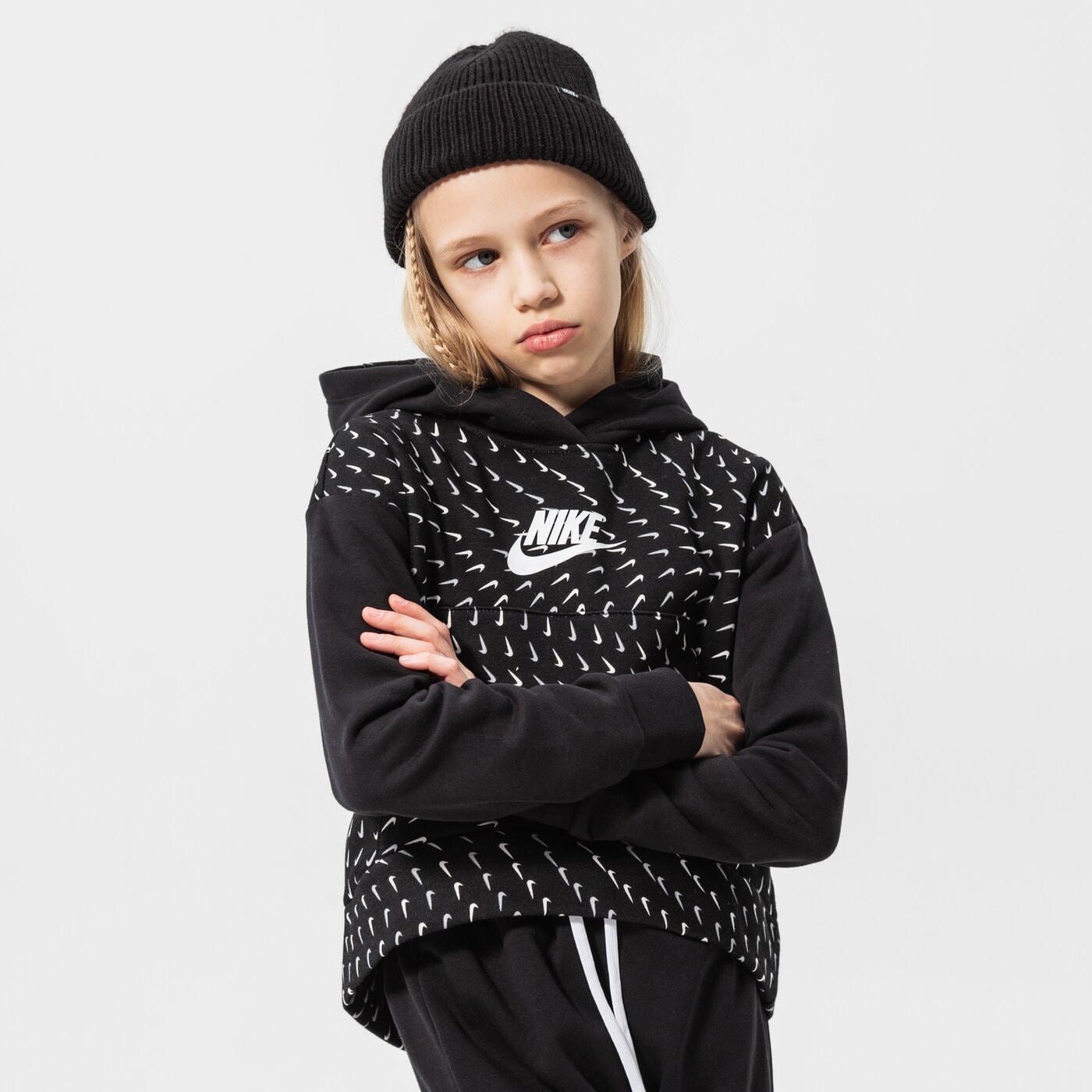 Детски суичър NIKE СУИТЧЪР С КАЧУЛКА G NSW FLC AOP HOODIE GIRL dm8231-010 цвят черен