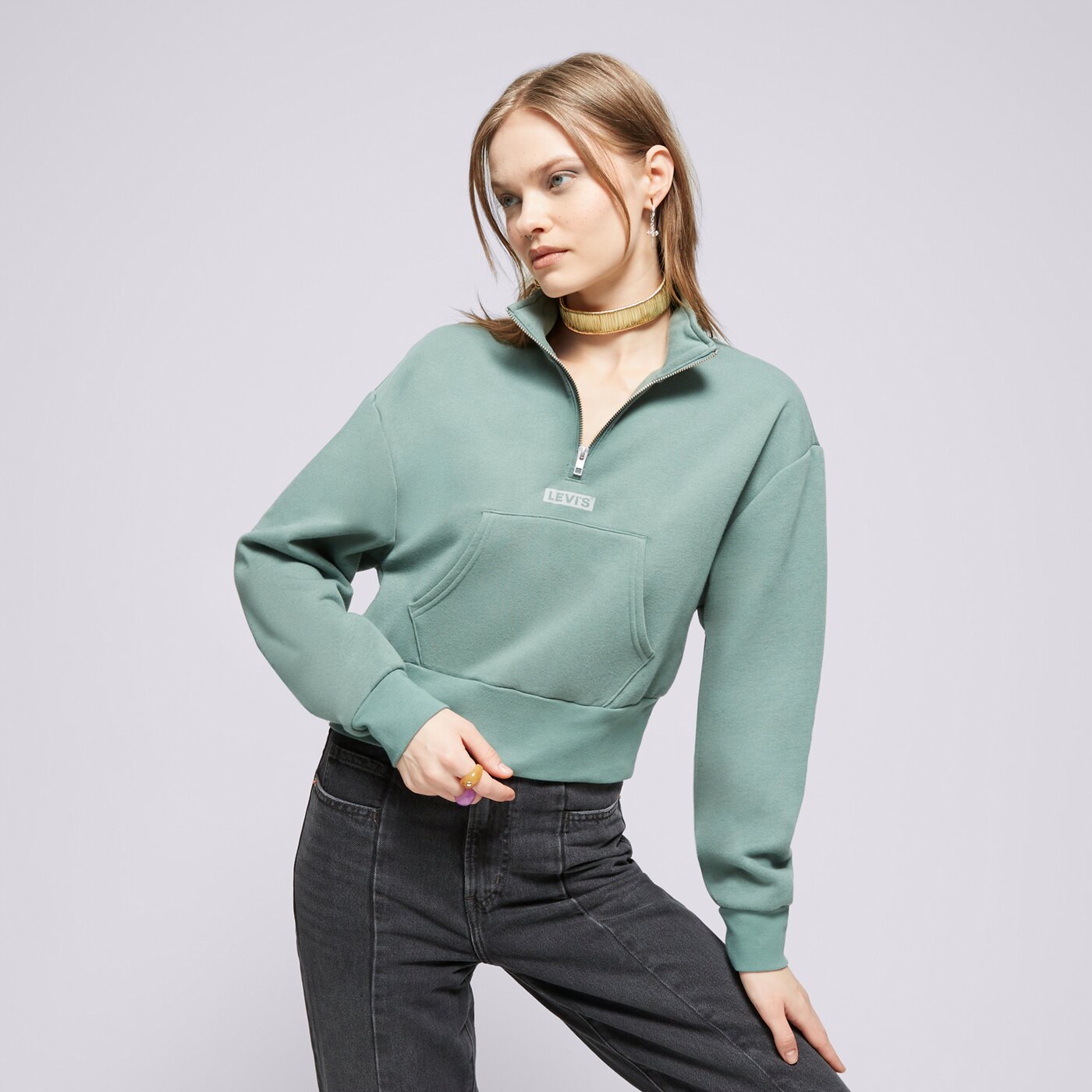 Дамски суичър LEVI'S СУИТЧЪР GRAPHIC SARA 1/4 ZIP GREENS a7298-0002 цвят каки